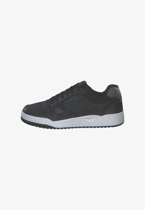 Black athletic sneakers with a smooth synthetic upper, textured accents, and a white rubber sole. Features lace-up design and perforated details.