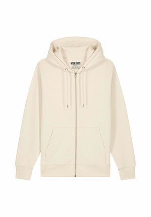 Hoodie zippé couleur crème avec une capuche à cordon de serrage, des poches avant et des poignets côtelés. Texture de tissu lisse, design minimal et sans motifs.