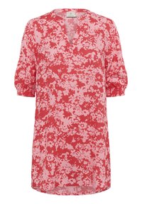 Rote Tunika mit floralen Motiven, V-Ausschnitt und kurzen Puffärmeln. Aus leichtem Stoff gefertigt, mit pinkfarbener Blumenmusterung auf rotem Hintergrund.
