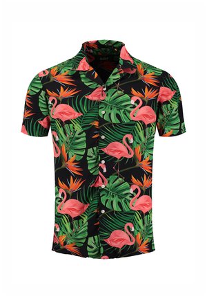 Short-sleeve black button-up shirt with pink flamingos, large green tropical leaves, and orange bird-of-paradise flowers pattern.