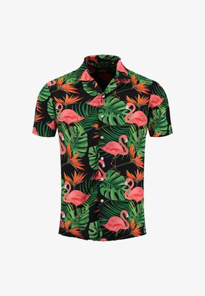 Kurzärmliges schwarzes Hemd mit Knopfleiste, bedruckt mit rosa Flamingos, großen grünen tropischen Blättern und orangefarbenen Paradiesvögeln.