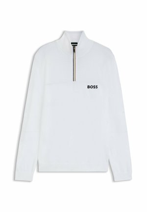 Weißer Pullover mit hohem Kragen, halber Reißverschluss und BOSS-Logo. Mit strukturiertem oberen Panel und gerippten Ärmeldetails.