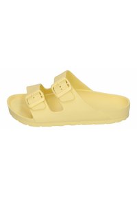 Gelbe Rutsch-Sandale mit zwei verstellbaren Riemen, aus mattem synthetischem Material. Verfügt über ein geformtes Fußbett und eine strukturierte Sohle.