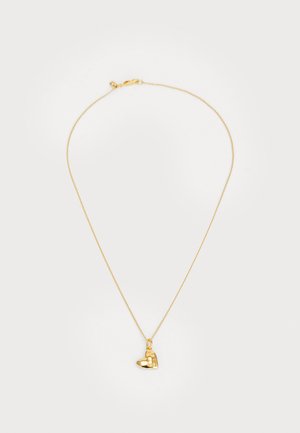 Collana d'oro con una delicata catena e un piccolo pendente a forma di cuore arrotondata con una finitura lucida.