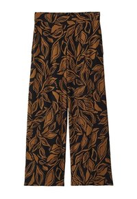 Wijdvallende broek van stof met een bruin bladpatroon op een zwarte achtergrond. Elastische tailleband, gladde textuur en vloeiende pasvorm.