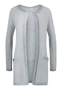 Ljust grå cardigan gjord av strukturerad stickad tyg, med öppen fram, långa ärmar och två framfickor.