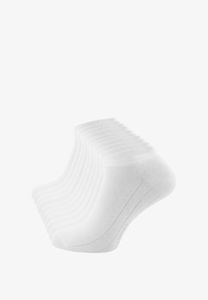 White ankle socks in a pack, featuring a ribbed cuff, smooth texture, and reinforced heel and toe for durability.