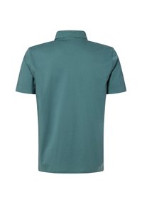 T-Shirt in Teal mit Kragen, kurzen Ärmeln und flachem Saum. Aus weichem Stoff mit glatter Textur. Die Rückansicht zeigt ein sauberes Design.