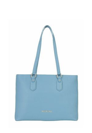 Lichtblauwe leren Valentino shopper met dubbele schouderbanden en gouden logo op het voorste midden.