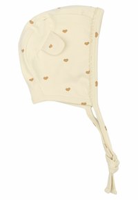 Cappello per bambini beige chiaro con motivi a cuore dorato. Materiale in cotone morbido, forma arrotondata, con alette per le orecchie e lacci regolabili per una vestibilità sicura.