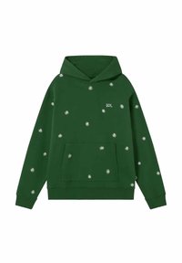 Green hoodie made of soft fabric, featuring white snowflake embroidery and a kangaroo pocket. Includes a drawstring hood and ribbed cuffs.