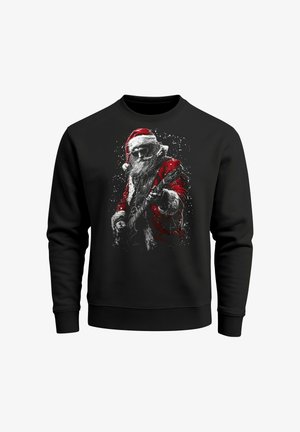 Black sweatshirt featuring a graphic of a Santa Claus with a guitar, wearing sunglasses and a red hat, with splatter accents in red and white.