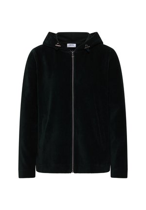Zwarte corduroy jas met capuchon, rits aan de voorkant en twee zijzakken. Heeft een gestructureerde stof en metalen accenten op de capuchon.