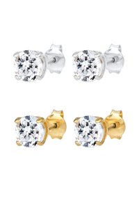 Dos pares de pendientes de Stud redondos, con piedras preciosas transparentes engastadas en metal plateado y dorado. Cada pendiente tiene un engaste de seis garras.