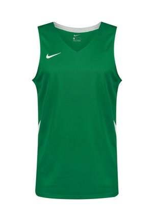 Groene mouwloze sportjersey met een V-hals, witte accenten aan de zijkanten en een wit Nike-logo op de linkerborst. Glad stofmateriaal.