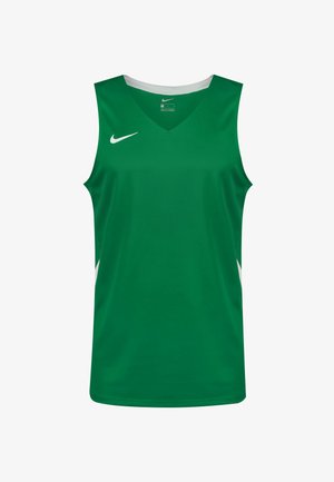 Grünes ärmelloses Sporttrikot mit V-Ausschnitt, weißen Akzenten an den Seiten und einem weißen Nike-Logo auf der linken Brust. Glatte Stoffstruktur.