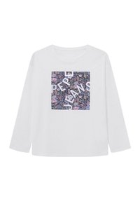 Bijela majica s dugim rukavima koja ima kvadratni cvjetni uzorak sa natpisom "PEPE JEANS" u podebljanom, nagnutom rasporedu. Meka tkanina i redovna kroj.