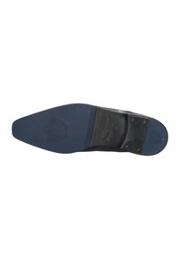 Suola in pelle di colore blu scuro con una forma a punta, superficie texturizzata e dettagli del logo inciso. Presenta segni di usura leggeri.