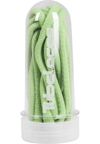 Flat shoelaces in light green color, made of textured material, packaged in a clear cylindrical container with white branding.