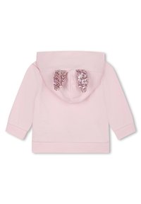 Felpa con cappuccio rosa caratterizzata da orecchie di coniglio glitterate in paillettes sul retro, realizzata in un tessuto morbido con polsini e orlo a coste.