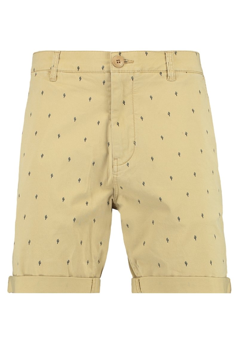 Short en coton beige avec petit imprimé cactus noir, fermeture par bouton, passants de ceinture et ourlets retroussés.