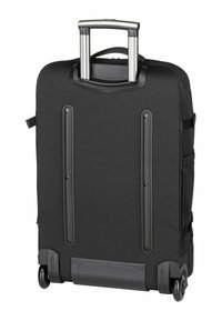 Valise noire à roulettes avec une coque rigide, une poignée en aluminium rétractable, un tissu texturé et deux roulettes lisses.