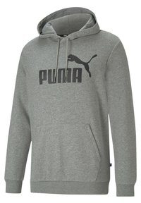 Sudadera con capucha gris hecha de una tela suave, que cuenta con un bolsillo tipo canguro, puños acanalados y un logo negro de PUMA en el pecho.