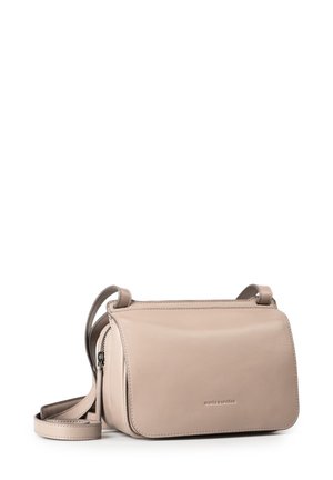 Beige leather crossbody bag with a magnetic flap closure, adjustable strap, and subtle branding on the front. Smooth texture, rectangular shape.