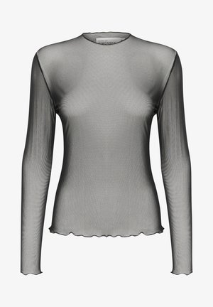 Mrežasta majica z dolgimi rokavi iz prosojnega črnega materiala z okroglim ovratnikom in valovitimi robovi; ima gladko teksturo in lahkotno zasnovo.