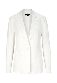 Blazer bianco realizzato in tessuto leggero, con chiusura a un solo bottone, revers a intaglio, due tasche frontali e texture liscia.