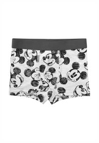 Boxer da bambino grigi con motivo di Topolino bianco e nero, realizzati in tessuto morbido, con una cintura nera elastica.