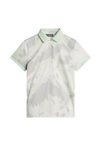 Koszulka polo z krótkim rękawem w jasnozielonym i szarym kolorze z falistym wzorem. Posiada kołnierzyk, zapięcie na trzy guziki oraz detal z logo po bokach.