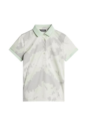 Kurzarm-Polohemd aus leicht grünem und grauem Stoff mit Wellenmuster. Verfügt über einen Kragen, eine Drei-Knopf-Leiste und seitliches Logodetail.