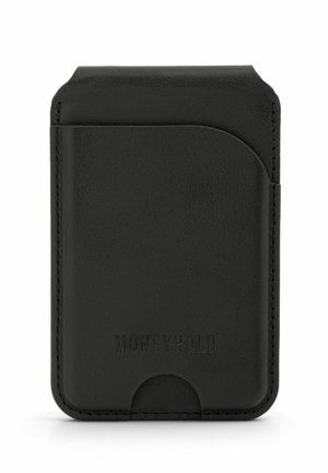 Cartera minimalista de cuero negro con ranura frontal y marca en relieve "MONEYHOLD" en el centro inferior.