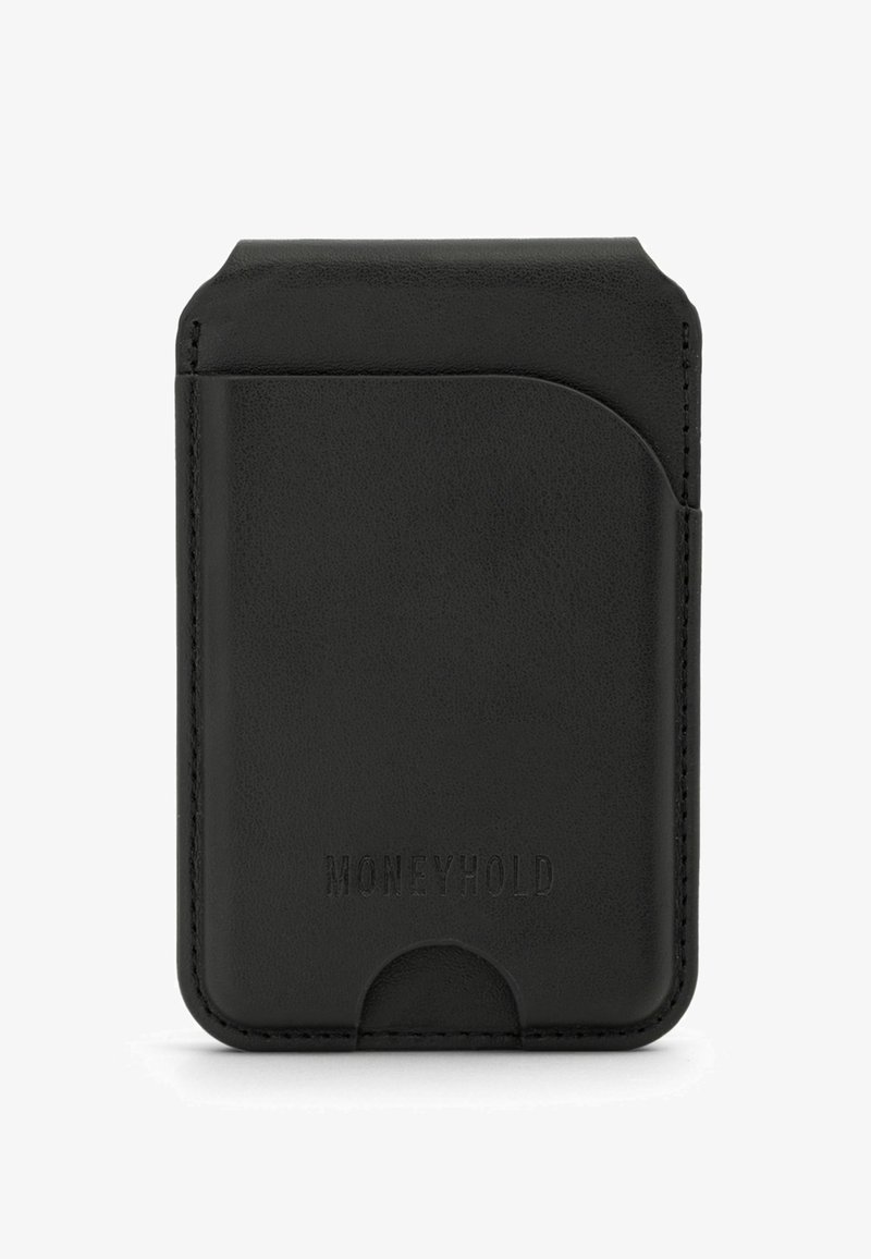 Cartera minimalista de cuero negro con ranura frontal y marca en relieve "MONEYHOLD" en el centro inferior.