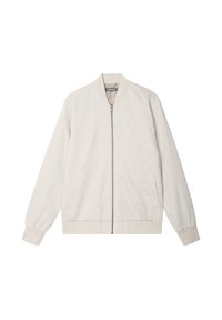 Lichtbeige bomberjack van een zachte stof, met een ritssluiting aan de voorkant, zijzakken, ribbelmanchetten en een klassiek ontwerp zonder kraag.