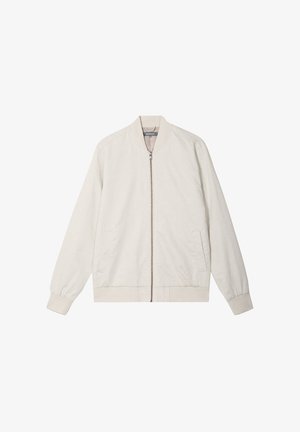 Giacca bomber beige chiaro in un tessuto morbido, con chiusura frontale a zip, tasche laterali, polsini a costine e un design classico senza colletto.