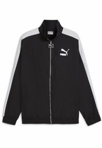 Sort zip-up jakke med høj krave, hvide skulderstriber, elastiske manchetter og kant; har et logo i hvidt på venstre brystområde.