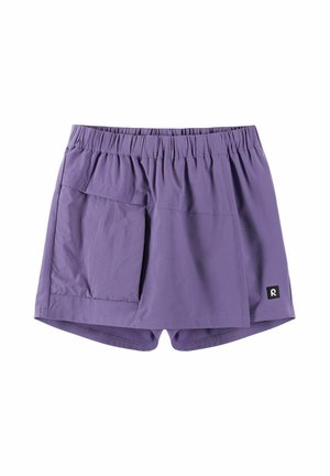 Purple elastic-waist shorts with an overlapping front flap, large side pocket on left, and small black logo on lower right hem.
