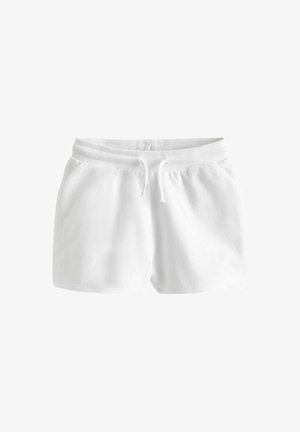 Biele bavlnené šortky s elastickým pásom a nastaviteľnou šnúrkou. Obsahujú bočné vrecká a jemnú textúrovanú látku.