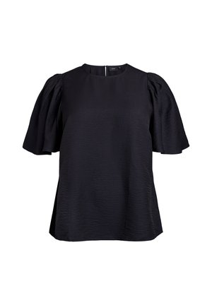 Črni kratkosleevedi top z teksturiranim zaključkom. Ima napihnjene rokave in okroglo izreznico z diskretnim zadrgo na hrbtni strani.
