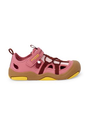 Pink and brown children's open-toe sandal with yellow accents, adjustable Velcro strap, and breathable mesh inserts on the sides and top.