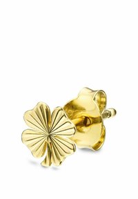 Gold Clover Ohrstecker mit einem strukturierten Design in Form eines vierblättrigen Kleeblatts und glattem Rücken, abgerundetem Stift für einen sicheren Sitz.