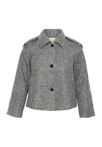 Grå uldblandet jakke med tekstureret finish, stor krave og seks knapper foran, med skulderstropper på skuldrene og lange ærmer.