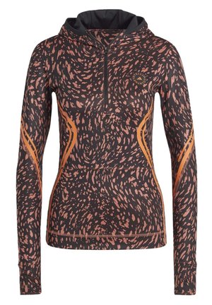 Sweat à capuche de sport à manches longues noir et orange moucheté, avec fermeture éclair devant et trous pour le pouce aux manches, coupe ajustée.