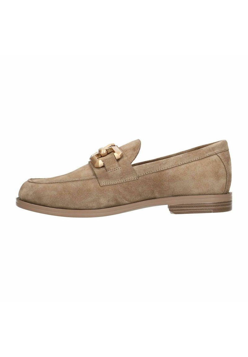 Beige suede loafers with a rounded toe, featuring a gold-tone hardware accent and a low brown sole. Smooth texture with minimalist design.