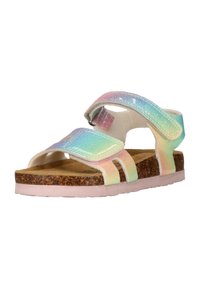 Børnesandal med glitrende pastelfarvede regnbuestriber, justerbare velcrolukninger, korkfodplade og lyserød gummisål.