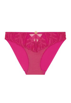 Culotte rose pour femmes avec broderie florale en dentelle sur la ceinture et un petit charm doré décoratif au centre devant.