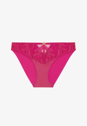 Culotte rose pour femmes avec broderie florale en dentelle sur la ceinture et un petit charm doré décoratif au centre devant.