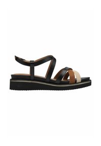 Sandales compensées à lanières en cuir noir avec des accents marron et beige, une semelle texturée et une légère plateforme pour plus de confort.
